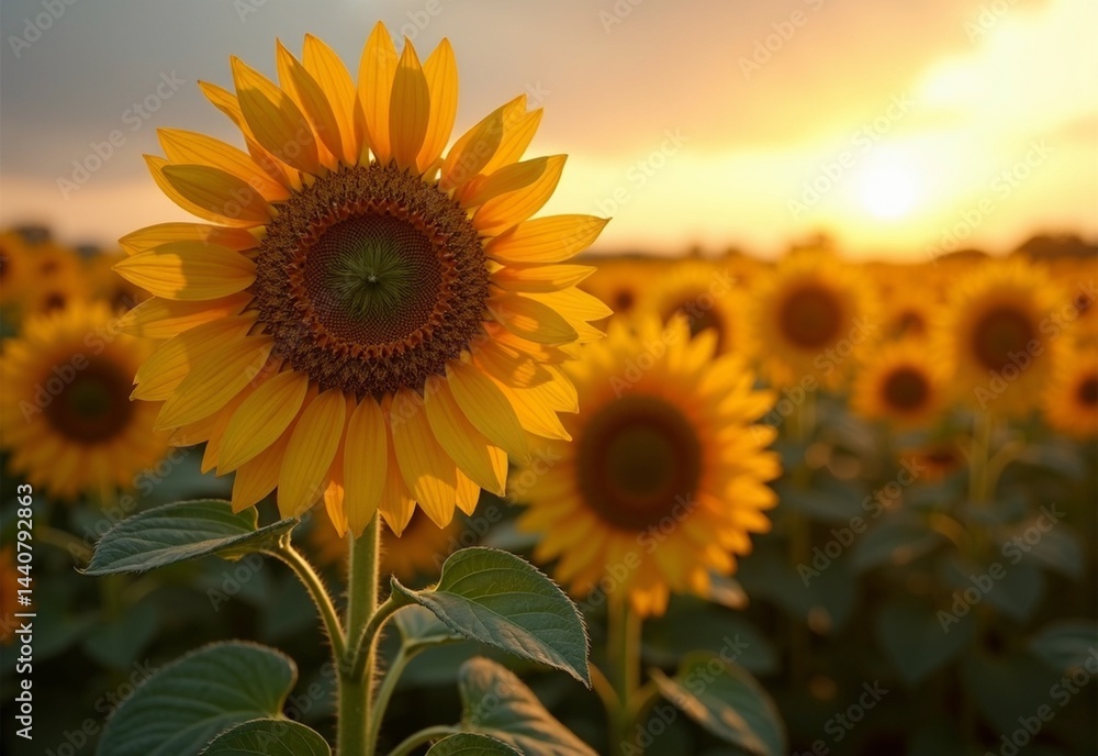 Obraz premium Serene Sunflower field with vegetable plants during shadow play