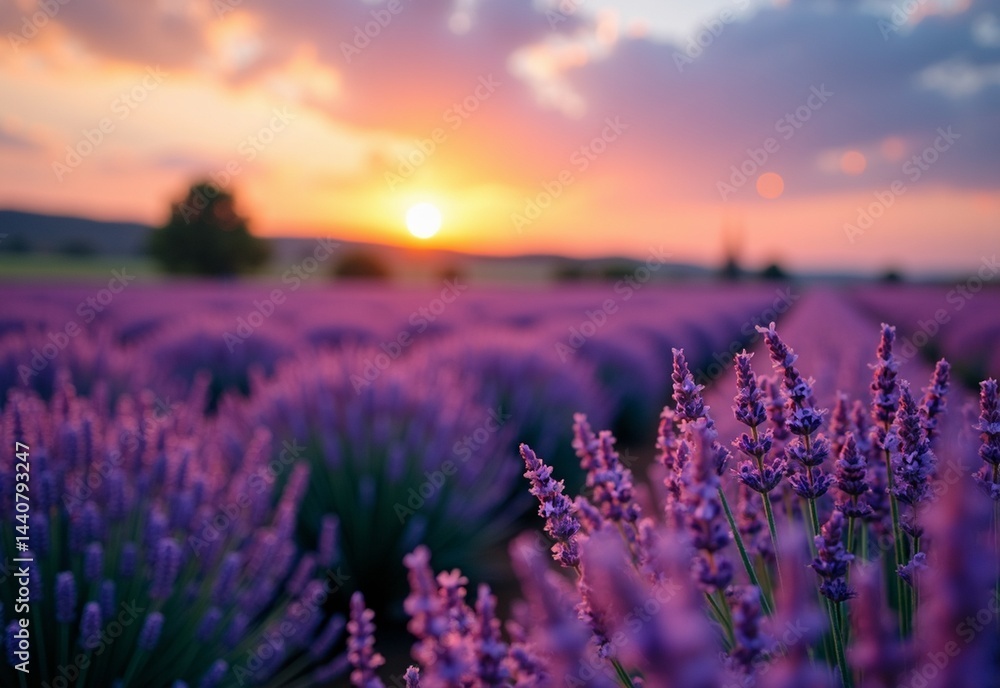 Obraz premium Blooming Lavender field with blooming roses during string lights