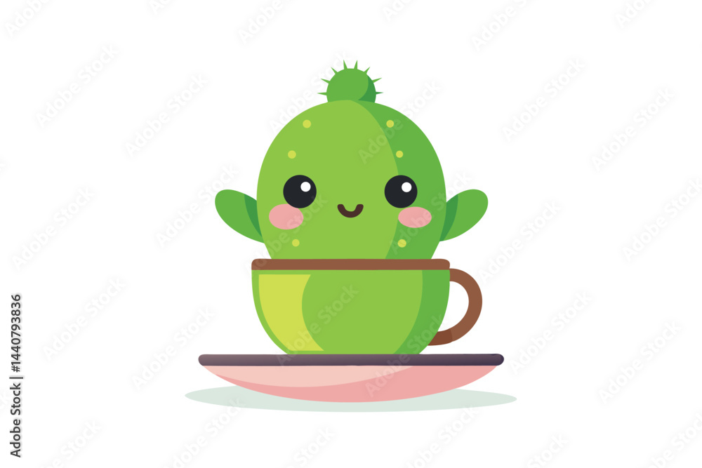 Obraz premium Cute Cactus Illustration in Cup and Saucer