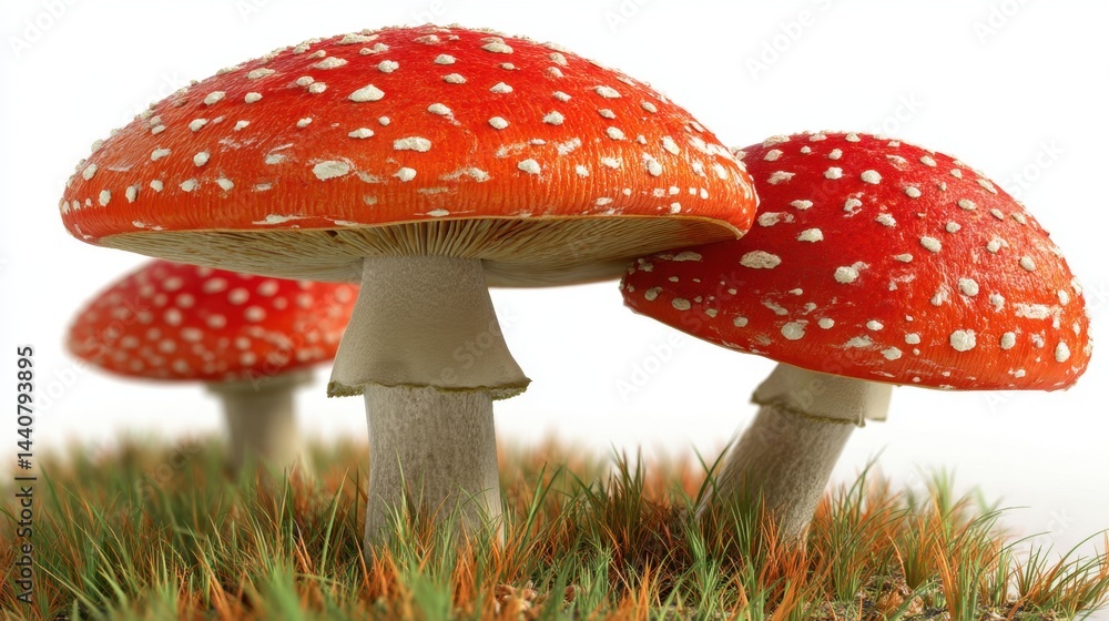 Obraz premium Enchanting fly agaric mushrooms in vibrant red and white dots amidst lush green grass against a bright background capturing nature's whimsical beauty and delicate charm