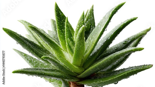 a close-up of a green aloe vera plant with fresh, juicy leaves on a white isolated background, natural and healing design