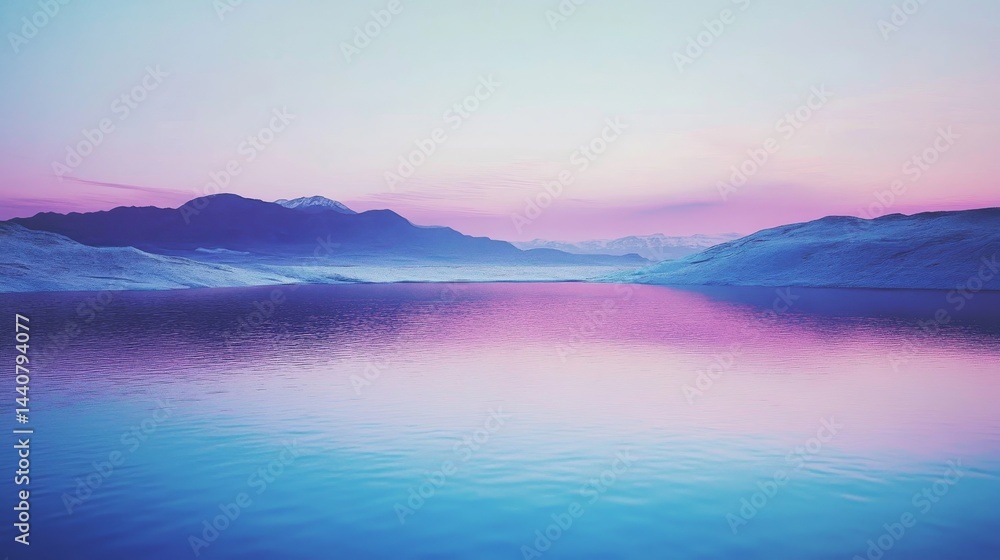 Fototapeta premium Tranquil twilight over serene lake with majestic mountains and pink sky reflection
