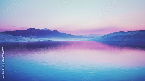 Tranquil twilight over serene lake with majestic mountains and pink sky reflection