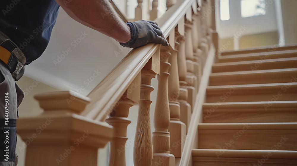 Carpenter Installing Wooden Stair Railing