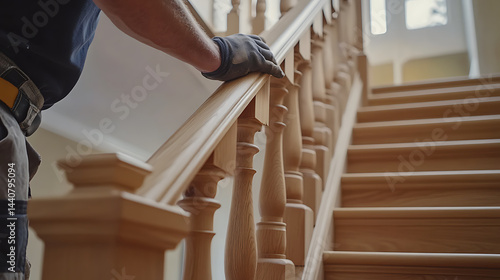 Obraz na płótnie Carpenter Installing Wooden Stair Railing w salonie