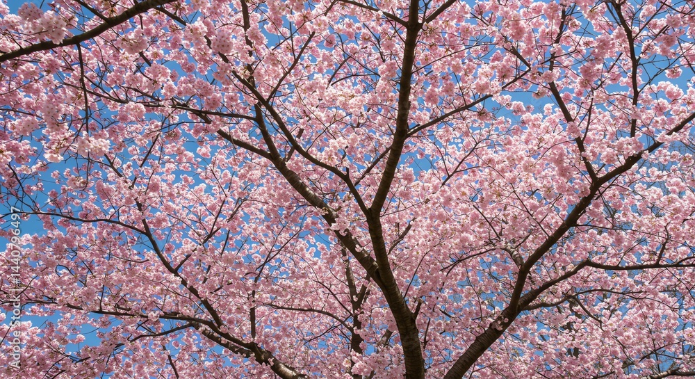 Blooming Pink Tree Against a Clear Blue Sky Springtime Blooming Pink Tree Against a Clear Blue Sky Springtime
