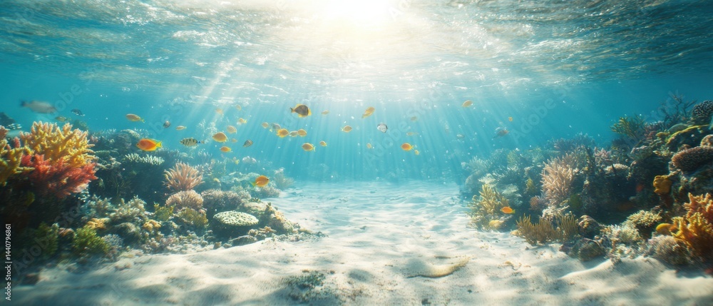 Fototapeta premium Underwater Paradise Vibrant Coral Reef Ecosystem with School of Fish and Sun Rays Creating a Tranquil and Serene Marine Scene Perfect for Ocean Life and Diving