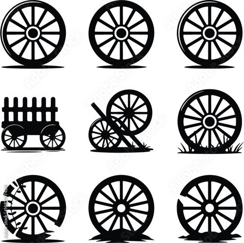 Vintage Wagon Wheel Silhouette | Rustic Cart Wheel Icon Set Wagon Wheel Icon Collection | Old Western Wheel Silhouette Set