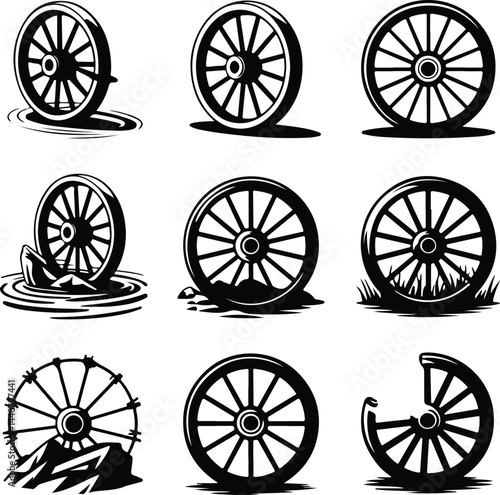 Vintage Wagon Wheel Silhouette | Rustic Cart Wheel Icon Set Wagon Wheel Icon Collection | Old Western Wheel Silhouette Set