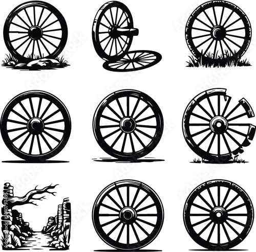 Vintage Wagon Wheel Silhouette | Rustic Cart Wheel Icon Set Wagon Wheel Icon Collection | Old Western Wheel Silhouette Set
