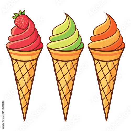 A delightful set of sweet ice cream cones, a perfect cold dessert with chocolate, strawberry, and vanilla flavors, isolated as a vector illustration