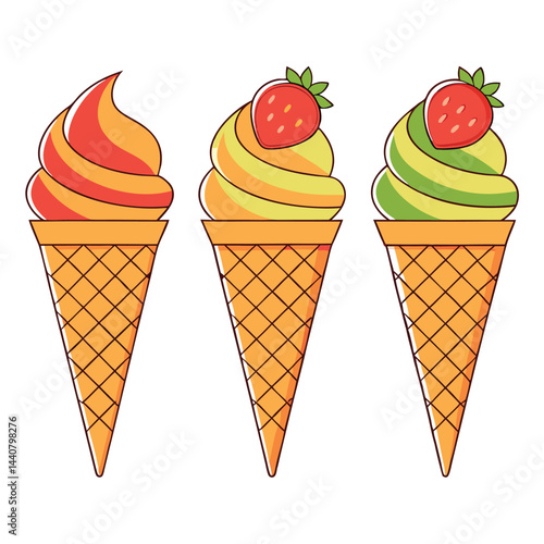 A delightful vector set features a cold ice cream cone and other sweet ice cream desserts in chocolate, strawberry, and vanilla flavors