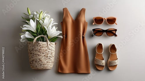 Women`s clothing set: summer mocha mousse dress, suede wedge sandals, eco straw tote bag,sunglasses 