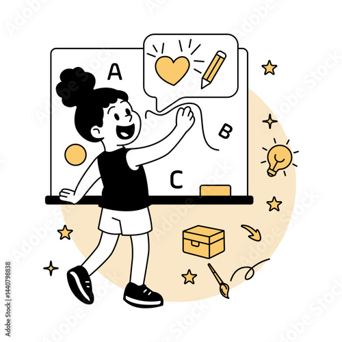 A happy cartoon girl drawing on a whiteboard with educational icons around her, in a modern flat vector illustrations