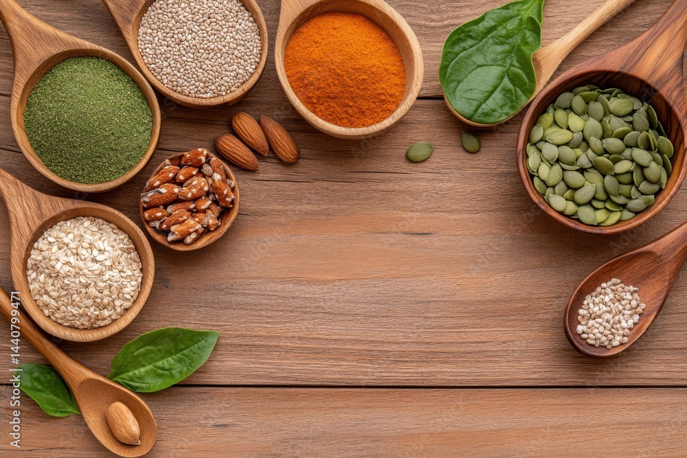 Colorful display of various spices, seeds, nuts, and grains arranged on a wooden table Colorful display of various spices, seeds, nuts, and grains arranged on a wooden table