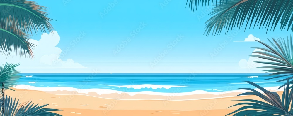 Obraz premium Tropical beach scene with palm trees and ocean.