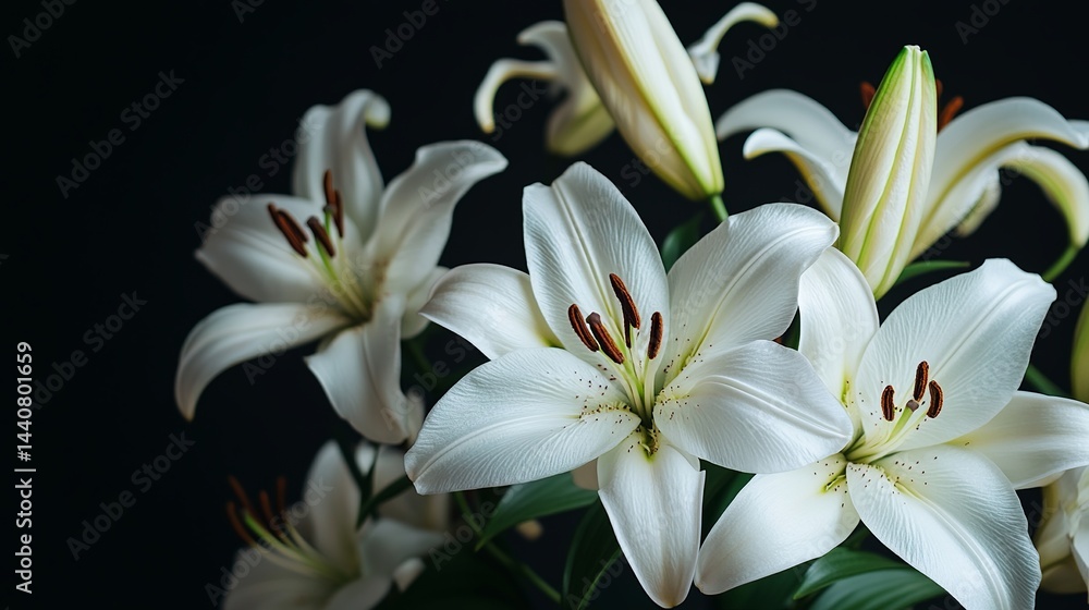 Close up shot of a bouquet of white lilies with brown stamens against a dark and blurred background Close up shot of a bouquet of white lilies with brown stamens against a dark and blurred background