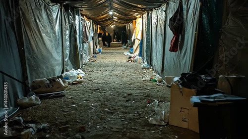 Refugee Camp Night Scene: A Long and Dirty Tent Corridor