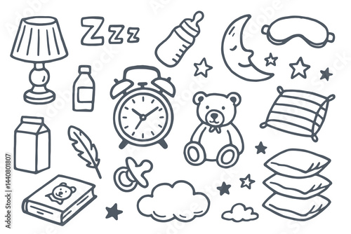 Cute hand drawn bedtime objects set for nursery design in sketch style