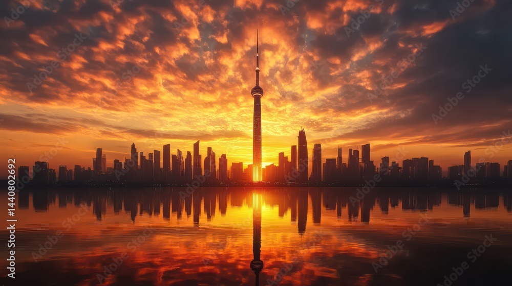 Fototapeta premium Stunning city skyline at sunset with dramatic clouds and a vibrant reflection on the water.