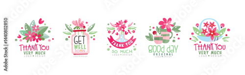 Thank You, Good Day, Get Well Flower Logo Design Vector Set