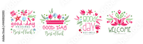 Thank You, Good Day, Get Well Flower Logo Design Vector Set