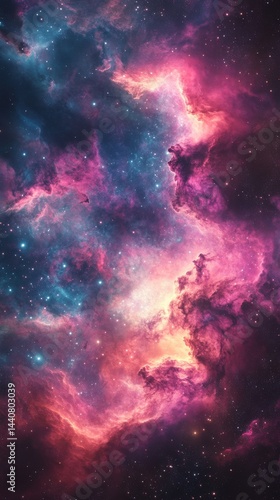 A vibrant cosmic nebula showcasing swirling colors in shades of pink, blue, and purple amidst sparkling stars.