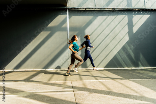 Two women jog energetically...