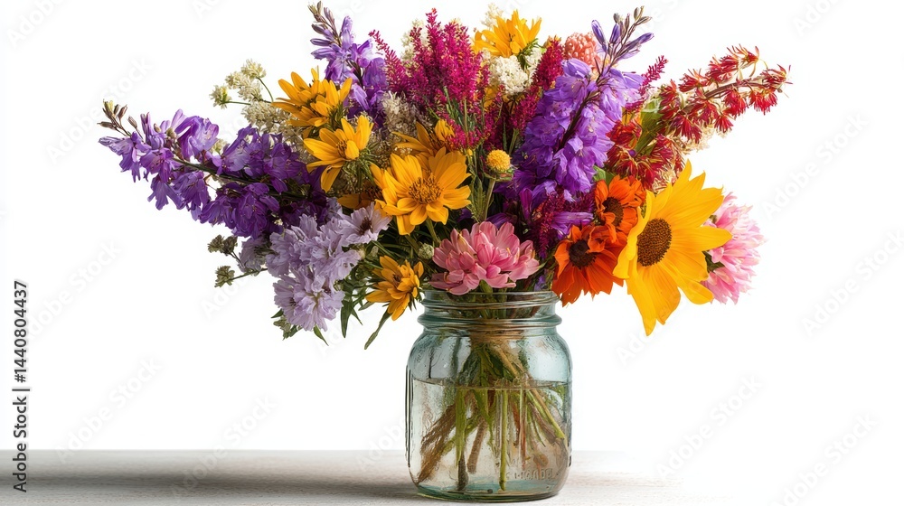 custom made wallpaper toronto digitala vibrant bouquet of mixed wildflowers in a mason jar on a white isolated background, fresh and rustic design