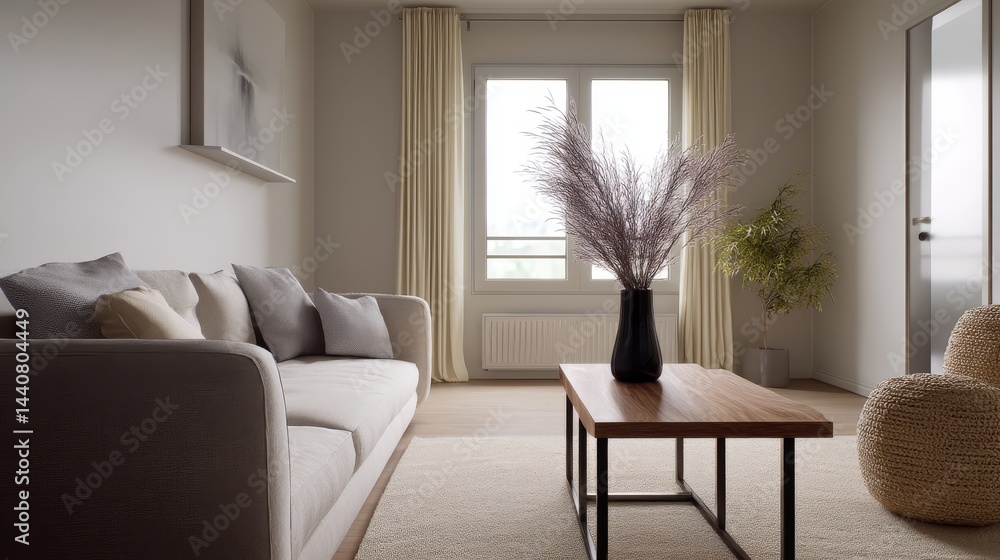 Fototapeta premium Modern minimalist living room with neutral tones and natural light
