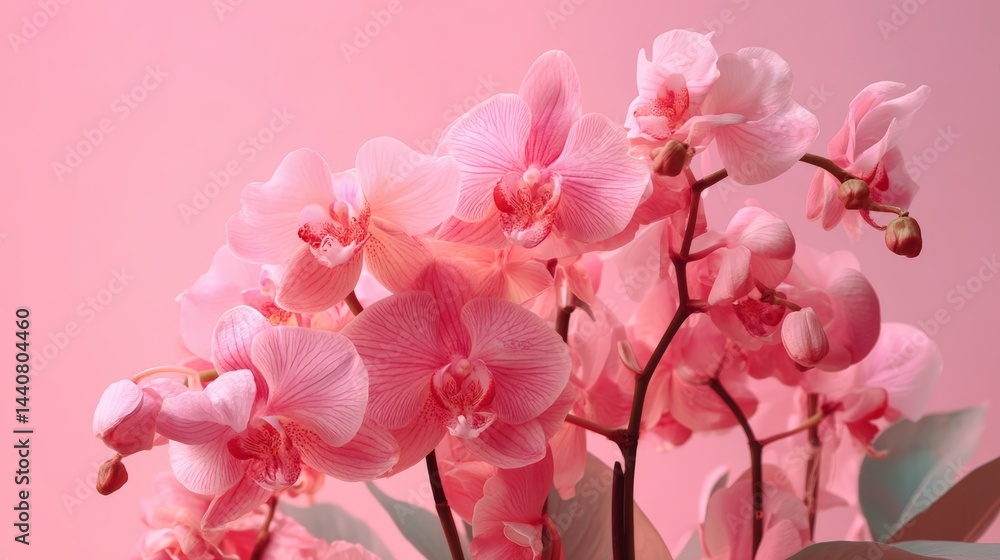 Fototapeta premium Elegant pink orchids in full bloom against a soft pink background