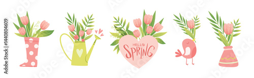 Spring Flower and Blooming Garden Flora Composition Vector Set