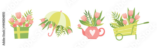Spring Flower and Blooming Garden Flora Composition Vector Set