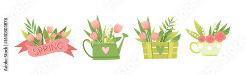 Spring Flower and Blooming Garden Flora Composition Vector Set