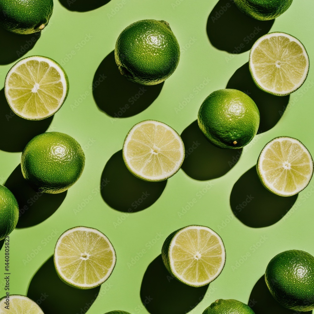 Vivid green lime halves and whole fruits arranged in a bright pattern on a light green background creating a fresh and zesty mood with a modern and clean style Vivid green lime halves and whole fruits arranged in a bright pattern on a light green background creating a fresh and zesty mood with a modern and clean style