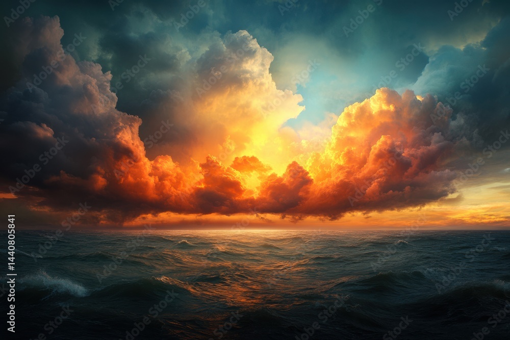 Sunset over turbulent ocean waves with dramatic clouds in the evening sky Sunset over turbulent ocean waves with dramatic clouds in the evening sky