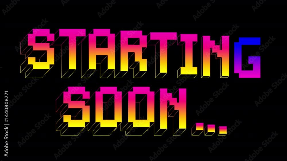 Starting soon word text pixel banner. Neon gradient  iridescent voxel block title letters on a transparent alpha channel.