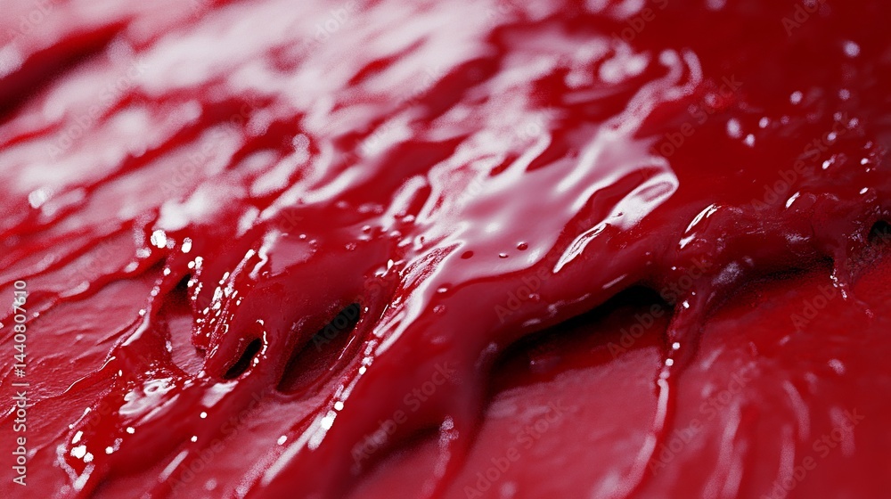 Close up of a thick layer of glossy red liquid paint creating an abstract texture with highlights and shadows