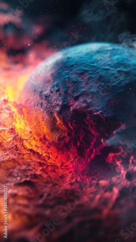 A vividly colored  cosmic scene with a fiery nebula surrounding a distant planet in deep space.