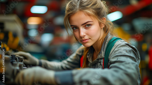 Wallpaper Mural Skilled female mechanic focused on machinery in a workshop   Torontodigital.ca