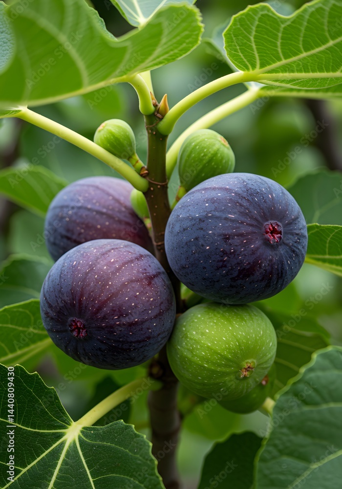 Fototapeta premium Close-up of Fig Tree Branch with Ripe and Unripe Figs, Green Leaves, Fruit, Nature, Harvest, Culinary.