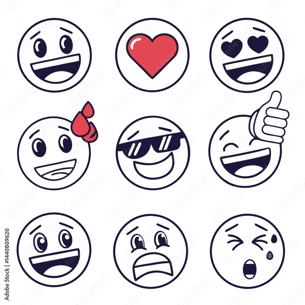 Emotions Expressed: A collection of cute emoji icons, each one showcasing a different emotion. Illustrative rendering of smiling face, heart shape, and others. Emotions Expressed: A collection of cute emoji icons, each one showcasing a different emotion. Illustrative rendering of smiling face, heart shape, and others.