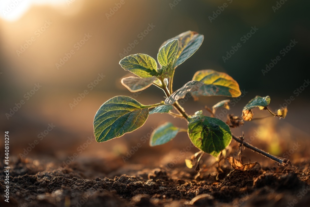 Aromatic young plant growing from fertile soil in the warm sunlight in the spring season with a brown background and a low angle shot capturing the mood of growth