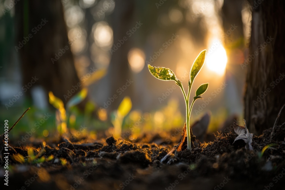 Young sprout growing in fertile soil at sunset symbolizing new beginnings and hope for the future with golden sunlight and blurred background in a serene outdoor setting