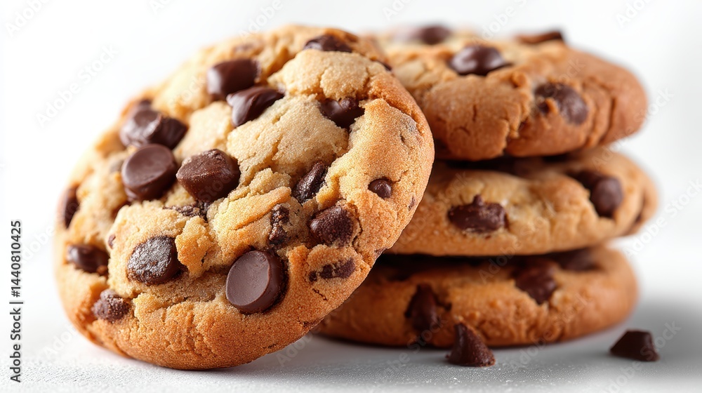 a set of freshly baked chocolate chip cookies on a white isolated background, warm and indulgent design a set of freshly baked chocolate chip cookies on a white isolated background, warm and indulgent design
