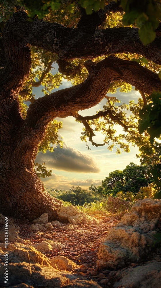 Majestic oak tree framing a serene landscape with golden light illuminating the path and foliage creating a peaceful and inviting natural scene for stock photography