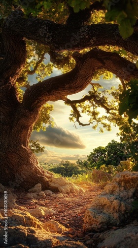 Obraz na płótnie Majestic oak tree framing a serene landscape with golden light illuminating the path and foliage creating a peaceful and inviting natural scene for stock photography w salonie