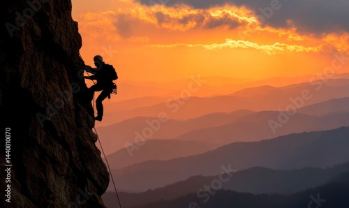 Climber ascends a dramatic rock face at sunset