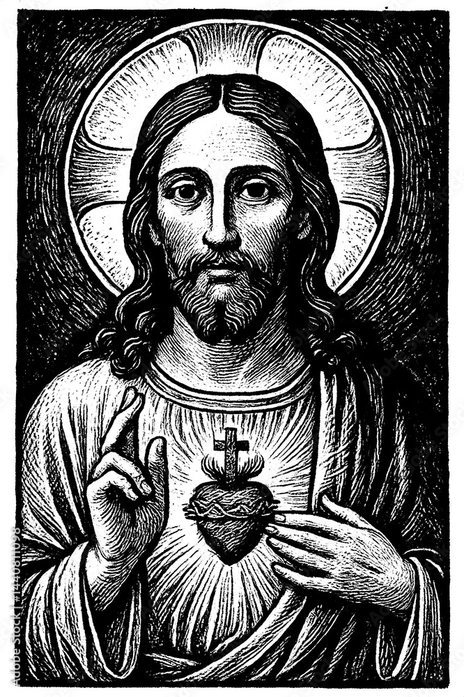 Fototapeta premium Lino Print of Jesus Christ on Transparent Background