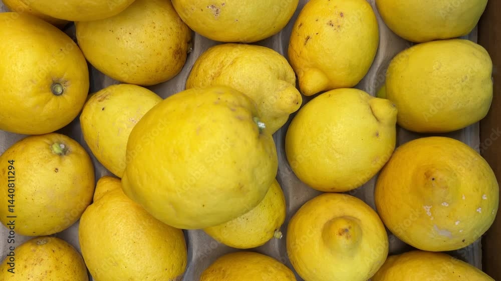 Ripe lemons arranged in a cardboard crate on a greengrocer's shelf, tracking shot in top view Ripe lemons arranged in a cardboard crate on a greengrocer's shelf, tracking shot in top view